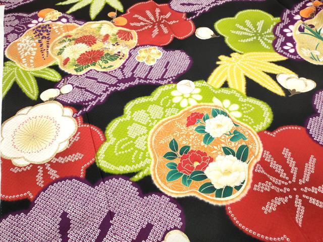 平和屋着物●豪華振袖 駒刺繍 草花尽くし 黒地 金彩 正絹 逸品 CABB6295ut