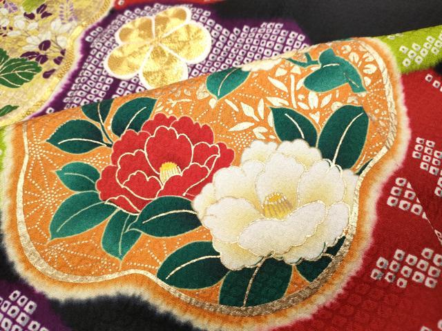 平和屋着物●豪華振袖 駒刺繍 草花尽くし 黒地 金彩 正絹 逸品 CABB6295ut