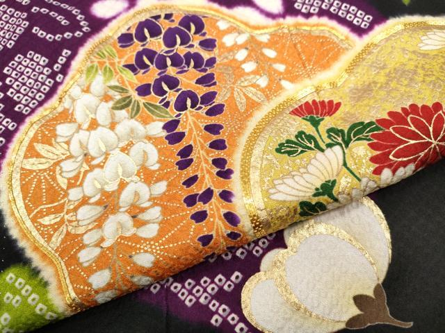 平和屋着物●豪華振袖 駒刺繍 草花尽くし 黒地 金彩 正絹 逸品 CABB6295ut