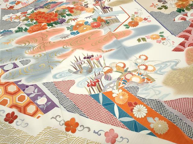 平和屋着物●豪華振袖 駒刺繍 屏風鴛鴦草花文 金彩 正絹 逸品 CABB6302ut