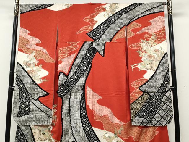 平和屋着物●豪華振袖 絞り 花車文 金銀彩 正絹 逸品 CABB6344ut