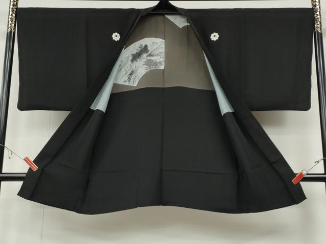 平和屋着物●男性 黒紋付 羽織セット 羽裏:風景地紙文 正絹 逸品 CABB6347ut