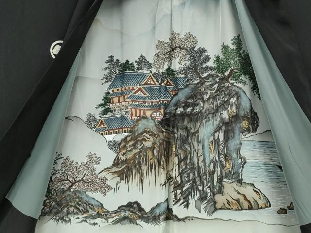 平和屋着物●男性 黒紋付 羽織セット 羽裏:風景文 正絹 逸品 CABB6348ut