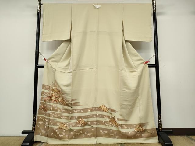 平和屋着物●豪華色留袖 駒刺繍 貝桶檜扇花文 金彩 正絹 逸品 未使用 CABB6361ut