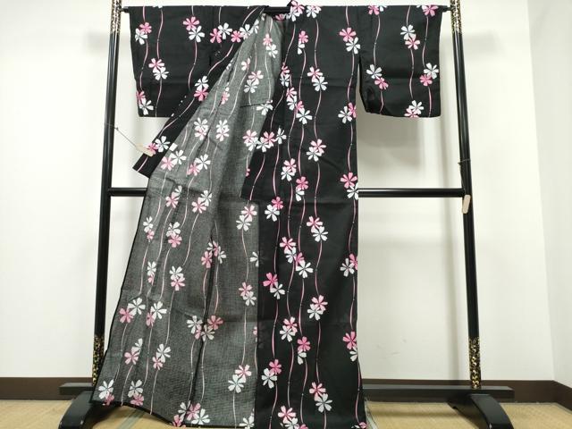 平和屋着物∴夏物 浴衣 面談 よろけ縞舞花文 黒地 綿 逸品 CABB6449ng