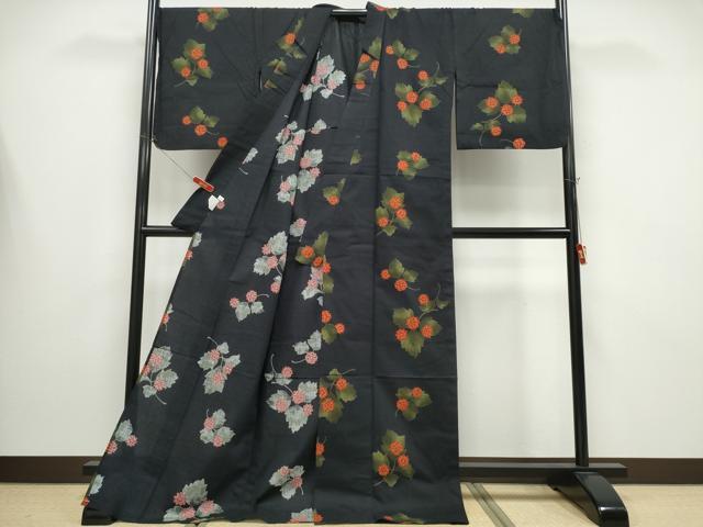 平和屋着物∴夏物 浴衣 舞花文 黒地 綿 逸品 CABB6553ng