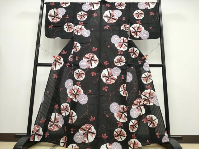 平和屋着物∴夏物 浴衣 朝顔 黒地 綿 逸品 CABB6555ng