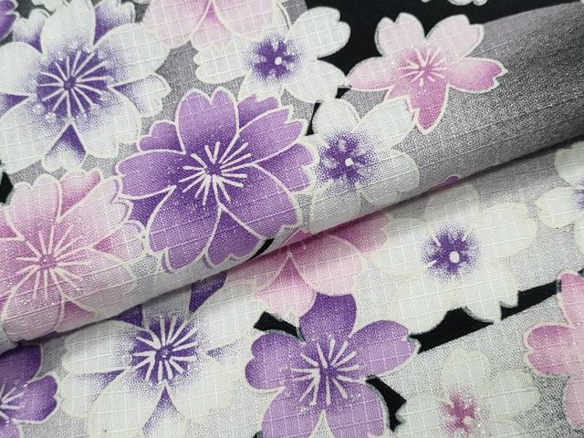 平和屋着物∴夏物 浴衣 綿紅梅 ラメ 舞桜 黒地 綿 逸品 CABB6567ng