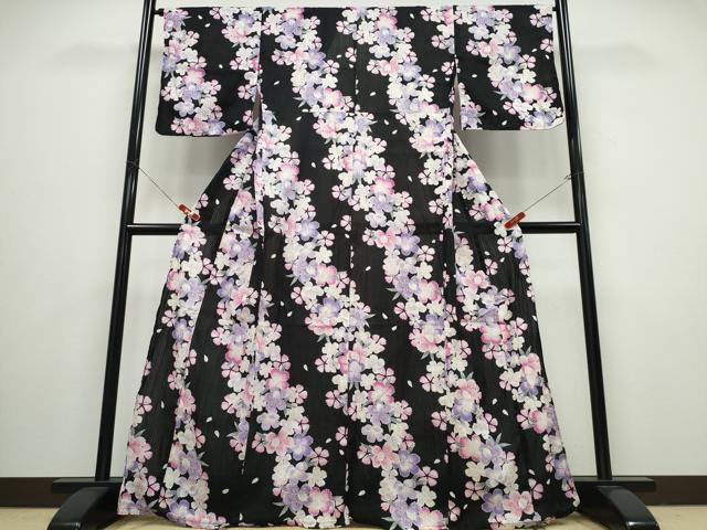 平和屋着物∴夏物 浴衣 斜線舞花文 黒地 綿 逸品 CABB6657ng