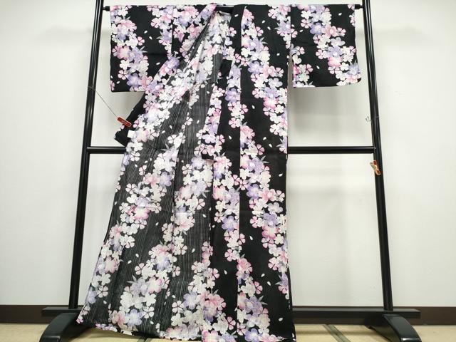 平和屋着物∴夏物 浴衣 斜線舞花文 黒地 綿 逸品 CABB6657ng