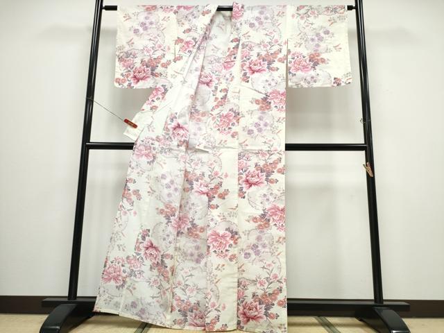 平和屋着物∴夏物 浴衣 縦綿絽 雪輪牡丹花吉祥文 綿 逸品 CABB6661ng