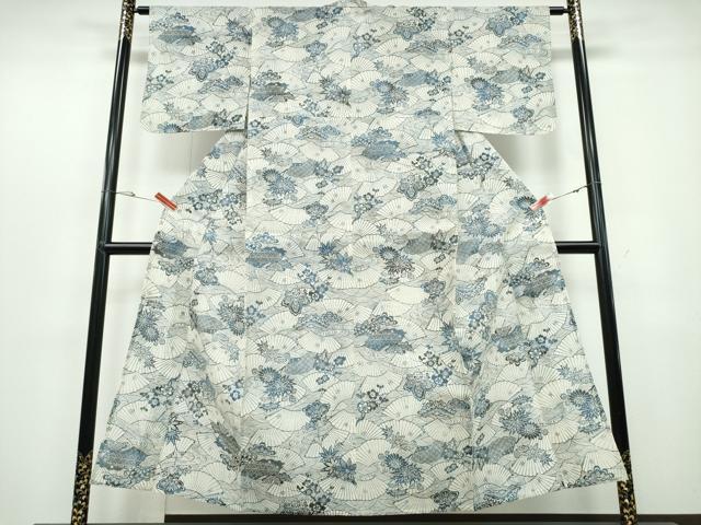平和屋着物∴夏物 浴衣 綿紅梅 型染め 立波扇面松竹梅花文 綿 逸品 CABB6720ng