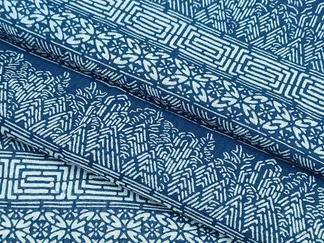 平和屋着物∴夏物 浴衣 綿紅梅 型染め 横段吉祥風景文 綿 逸品 未使用 CABB6721ng