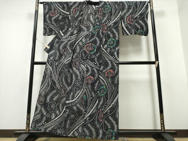 平和屋着物∴夏物 浴衣 有松鳴海絞り 草花文 黒地 綿 逸品 CABB6734ng