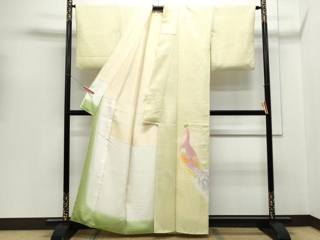 平和屋着物▼色留訪問着 手描き 孔雀文 暈し染め 金通し地 正絹 逸品 CABB7134th