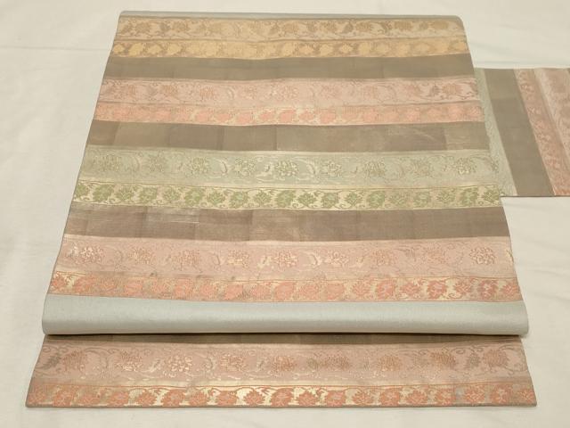 平和屋着物●九寸名古屋帯 横段草花文 金糸 正絹 逸品 CABB7217dy
