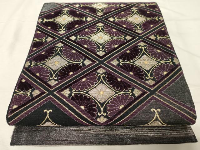 平和屋着物○両面 六通柄袋帯 輪奈織 菱花文 銀通し地 正絹 逸品