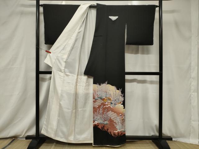 平和屋着物■豪華黒留袖 刺繍 鴛鴦立波文 暈し染め 金糸 正絹 逸品 CABB7376dy