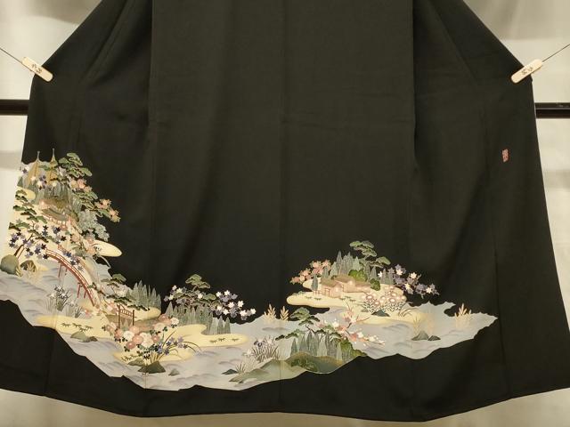 平和屋着物■豪華黒留袖 作家物 風景草花文 金彩 正絹 逸品 CABB8235in