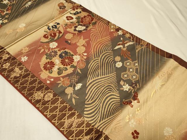 平和屋着物◎六通柄袋帯 唐織 立波鳳凰花丸文 金糸 正絹 逸品 CABB8386in