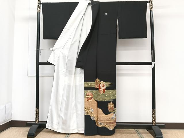 平和屋着物■豪華黒留袖 駒刺繍 仕覆の花文 金彩 正絹 逸品 CABB8545xi