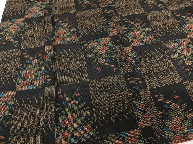 平和屋着物■上質な紬 格子花文 黒地 正絹 逸品 未使用 CABB8759xi