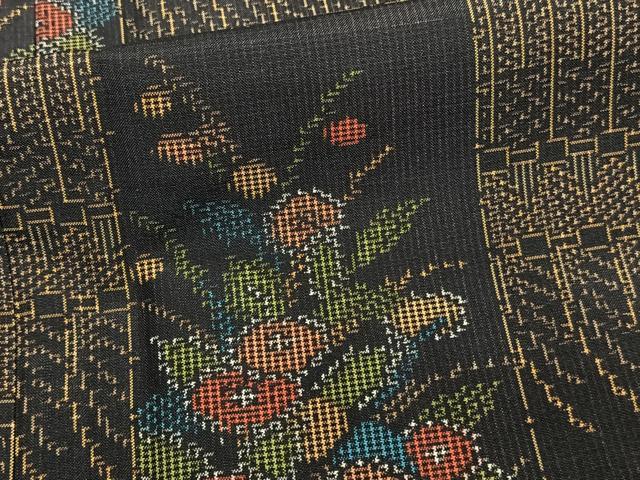 平和屋着物■上質な紬 格子花文 黒地 正絹 逸品 未使用 CABB8759xi