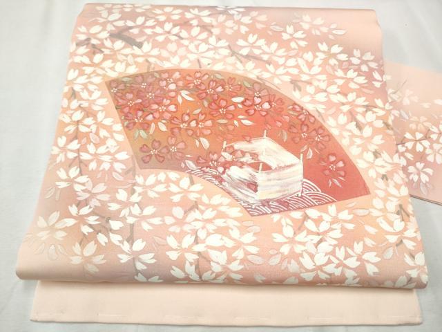 平和屋着物●塩瀬 九寸名古屋帯 手描き 地紙枝桜文 金彩 正絹 逸品 CABB9277hy