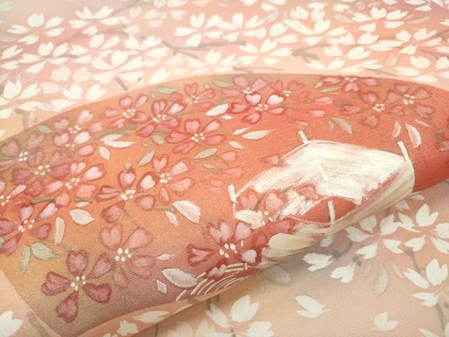 平和屋着物●塩瀬 九寸名古屋帯 手描き 地紙枝桜文 金彩 正絹 逸品 CABB9277hy