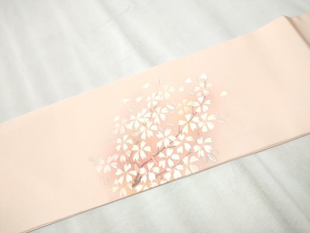 平和屋着物●塩瀬 九寸名古屋帯 手描き 地紙枝桜文 金彩 正絹 逸品 CABB9277hy