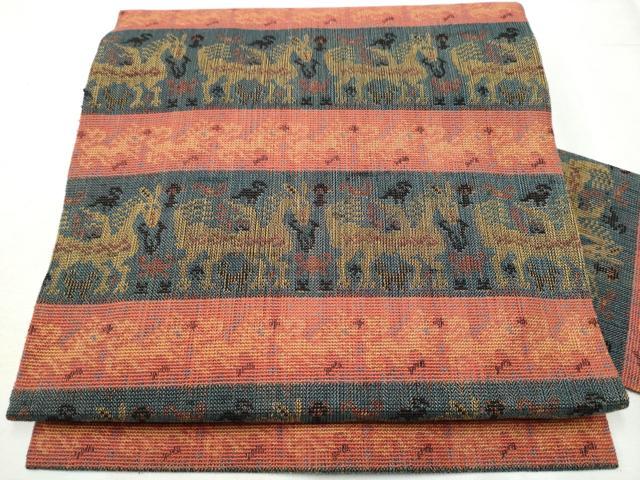 平和屋着物●全通柄 九寸名古屋 動物横段文 正絹 逸品 CABB9279hy