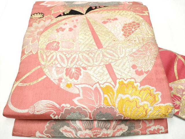 平和屋着物●アンティーク　大正ロマン　九寸名古屋帯　花毬文　金糸　正絹　逸品　CABB9289hy 平和屋着物○アンティーク 大正ロマン 九寸名古屋帯 花毬文 金糸 正絹
