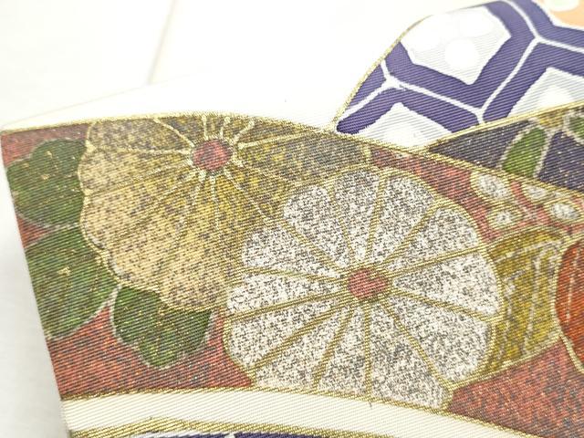 平和屋着物●塩瀬 九寸名古屋帯 熨斗草花文 金彩 正絹 逸品 CABB9300hy