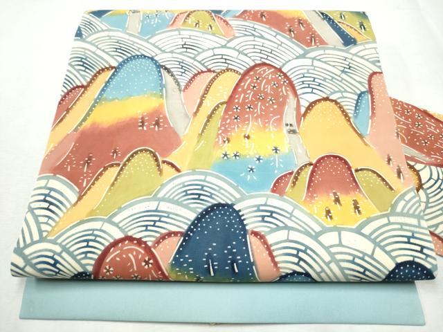 平和屋着物●塩瀬 九寸名古屋帯 作家物 型染め 遠山文 正絹 逸品 CABB9303hy