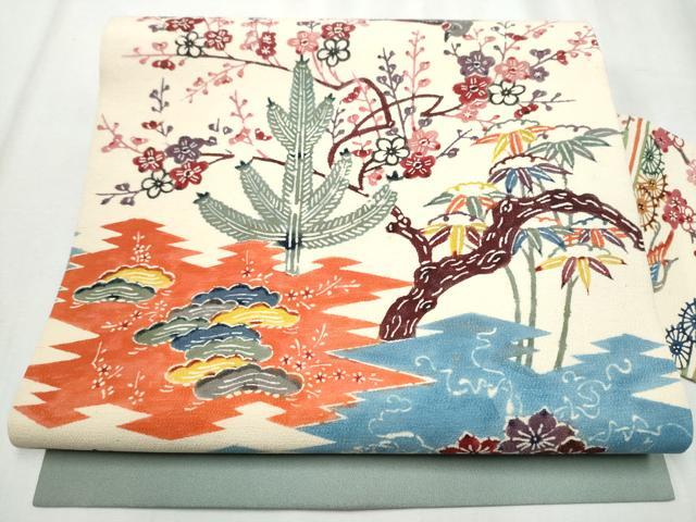 平和屋着物●九寸名古屋帯 型染め 松竹梅 鬼しぼ縮緬 正絹 逸品 CABB9306hy