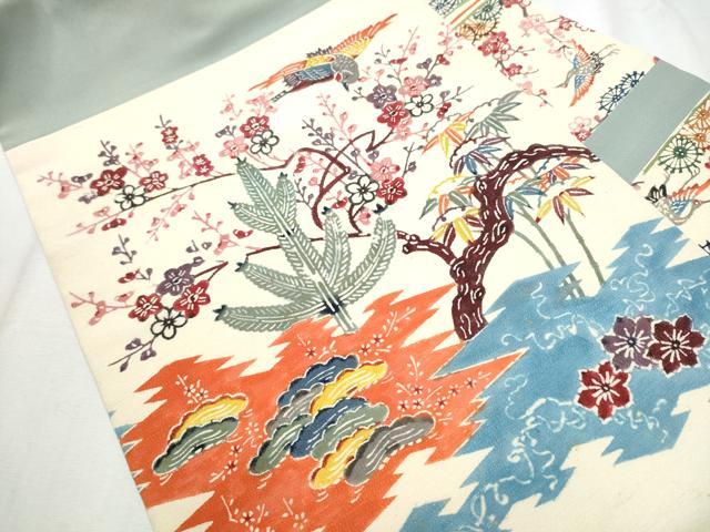 平和屋着物●九寸名古屋帯 型染め 松竹梅 鬼しぼ縮緬 正絹 逸品 CABB9306hy