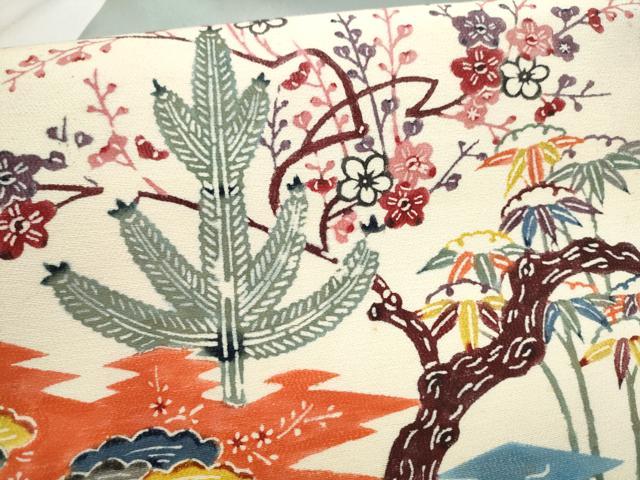 平和屋着物●九寸名古屋帯 型染め 松竹梅 鬼しぼ縮緬 正絹 逸品 CABB9306hy