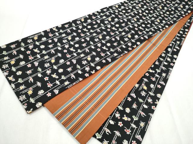 平和屋着物●両面　全通柄袋帯　型染め　草花音　黒地　鬼しぼ縮緬　正絹　逸品　CABB9325hy 平和屋着物○両面 全通柄袋帯 型染め 草花音 黒地 鬼しぼ縮緬 正絹