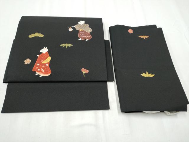 平和屋着物●つけ帯 駒刺繍 狐 松竹梅 黒地 金銀糸 正絹 逸品 CABB9343hy