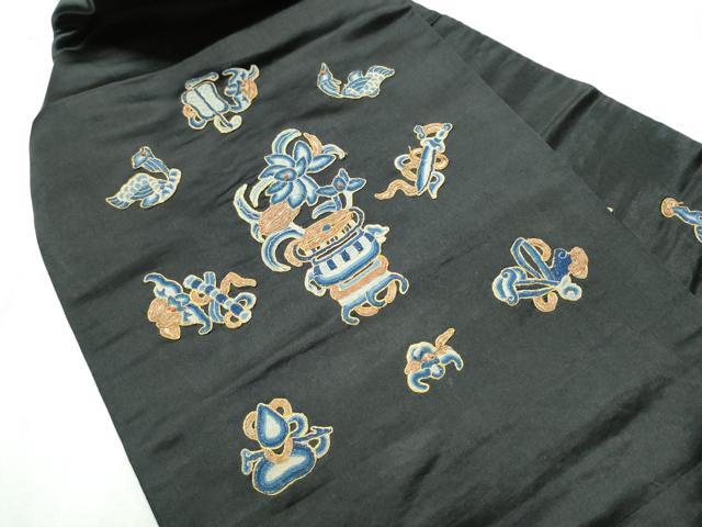 平和屋着物●アンティーク 大正ロマン 中国三大刺繍 相良刺繍 総刺繍 九寸名古屋帯 駒刺繍 ビーズ 陶器花文 黒地 金糸 正絹 逸品CABB9360hy