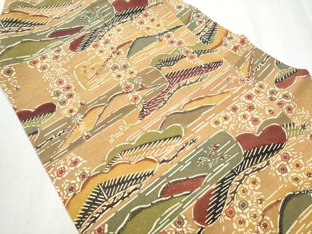 平和屋着物●九寸名古屋帯 型染め 遠山草花文 正絹 逸品 CABB9373hy