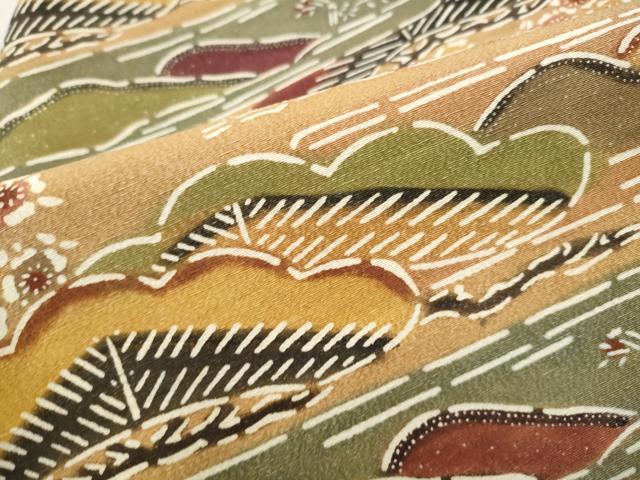 平和屋着物●九寸名古屋帯 型染め 遠山草花文 正絹 逸品 CABB9373hy