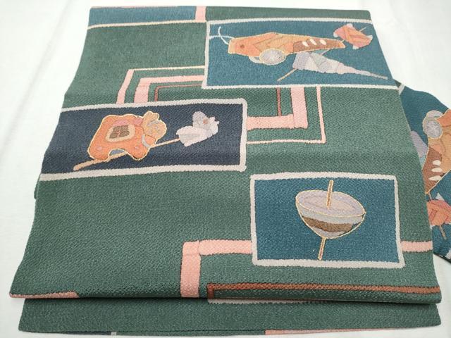 平和屋着物●全通柄 九寸名古屋帯 玩具文 金彩 鬼しぼ縮緬 正絹 逸品 CABB9376hy