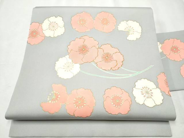平和屋着物●塩瀬 九寸名古屋帯 駒刺繍 枝花文 金彩 正絹 逸品 CABB9392hy