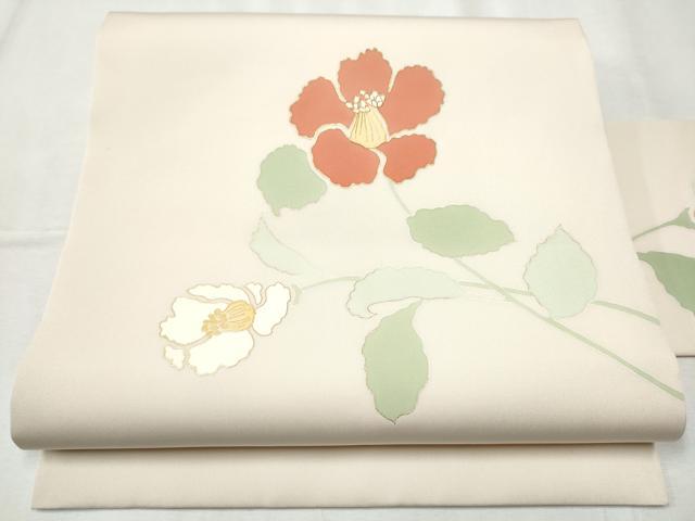 平和屋着物●塩瀬 九寸名古屋帯 駒刺繍 枝花文 金彩 正絹 逸品 CABB9393hy
