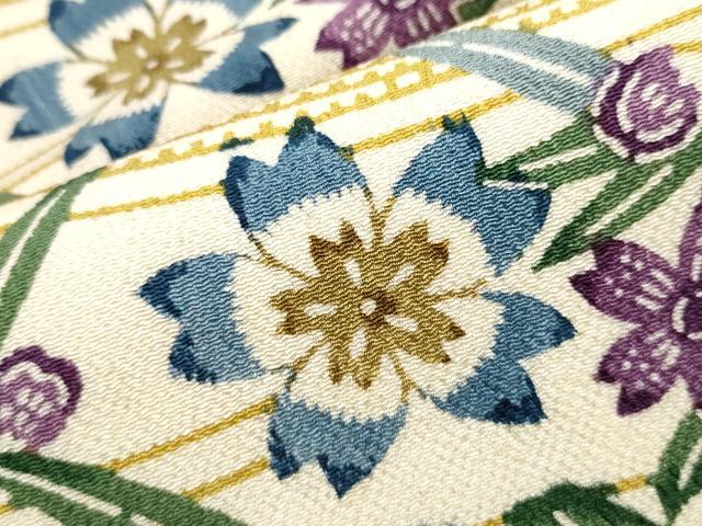 平和屋着物●全通柄 九寸名古屋帯 型染め 草花文 鬼しぼ縮緬 正絹 逸品 CABB9410hy