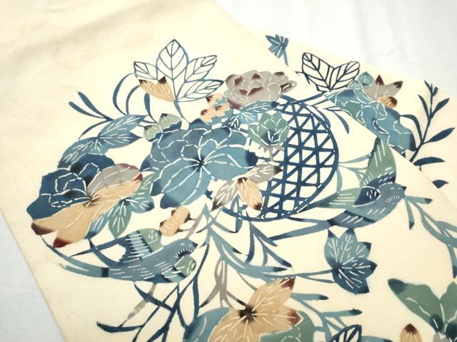 平和屋着物●塩瀬 九寸名古屋帯 型染め 花籠文 正絹 逸品 CABB9420hy