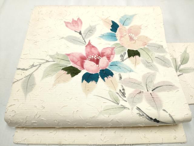 平和屋着物●九寸名古屋帯 作家物 手描き 髭紬 枝花文 正絹 逸品 CABB9425hy