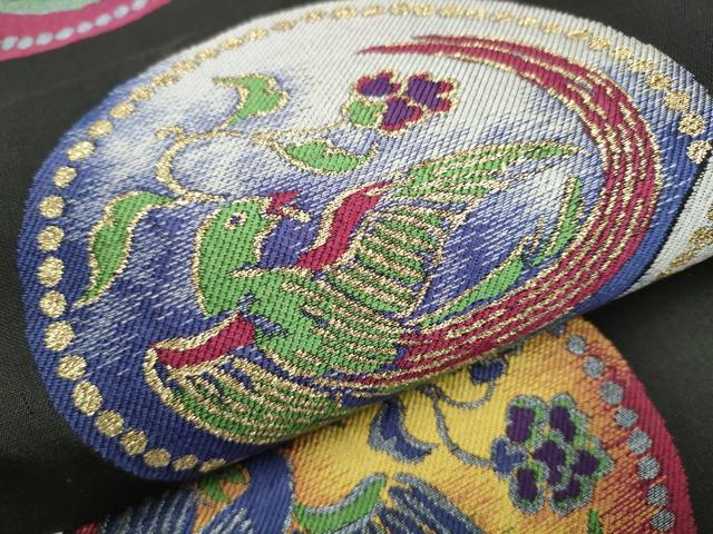 平和屋着物●六通柄 本袋帯 花喰鳥丸文 黒地 金糸 正絹 逸品 CABB9433hy