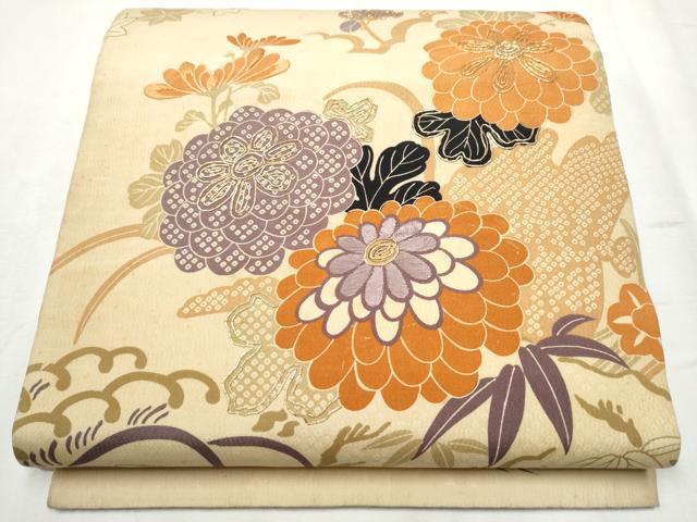 平和屋着物▼アンティーク 大正ロマン 丸帯 駒刺繍 草花文 引き抜き帯 正絹 逸品 CABB9439hy